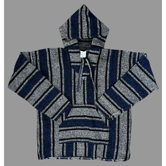 Pilotzi Mexican Baja Hoodie Poncho Sweater Size L Black Blue Striped Boho Skater - Picture 1 of 3